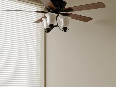 Cozy Room Interior With Beige Walls White Blinds And Wooden Ceiling Fan 3d model