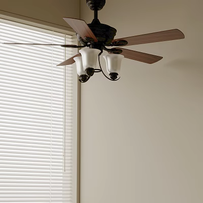 Cozy Room Interior With Beige Walls White Blinds And Wooden Ceiling Fan 3d model
