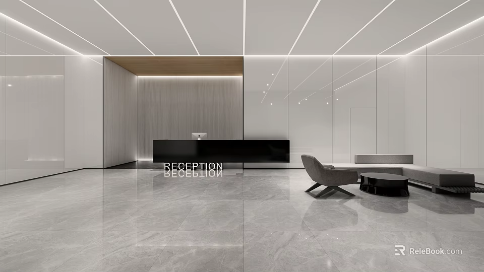 Modern Elegant Hotel Public Lounge Area Interior With Reception Desk Marble Floor And Lighting Design 3d model 