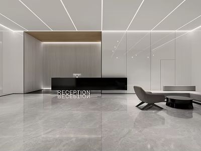 Modern Elegant Hotel Public Lounge Area Interior With Reception Desk Marble Floor And Lighting Design 3d model