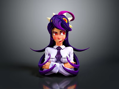Game Movie Character With Purple Hair Horns White Shirt Purple Tie Red Eyes Crossed Arms 3d model