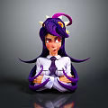 Game Movie Character With Purple Hair Horns White Shirt Purple Tie Red Eyes Crossed Arms