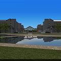 Aerial View Of School Building Complex With Green Lawns Water Features And Sports Field
