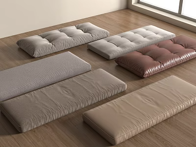 Assorted Floor Cushions In Neutral Tones With Fabric And Leather Textures On Wooden Floor 3d model