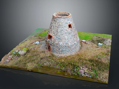 Cartoon Scene with Conical Stone Tower Small Windows Grass and Stones on Base Platform 3d model