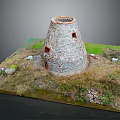 Cartoon Scene with Conical Stone Tower Small Windows Grass and Stones on Base Platform