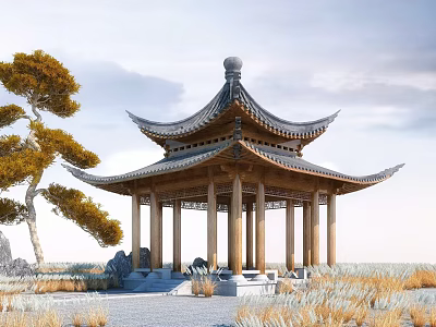 Traditional Chinese Style Pavilion With Curved Roof Wooden Columns And Pine Tree 3d model