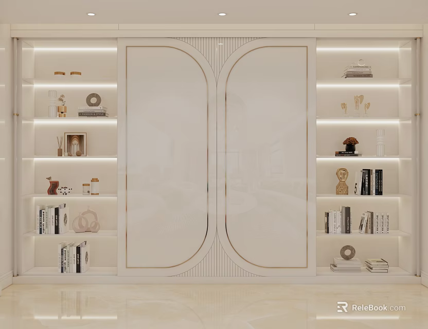 Modern Bookshelf Interior Design With Glass Doors Built In Lighting And Decorative Items 3d model 