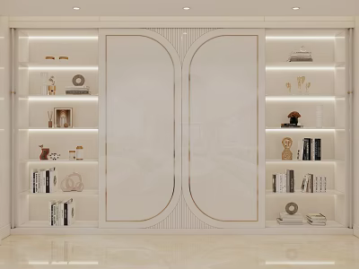 Modern Bookshelf Interior Design With Glass Doors Built In Lighting And Decorative Items 3d model