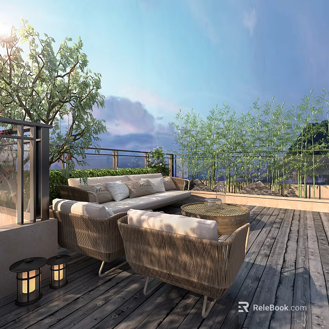 Rooftop Garden With Wicker Sofa Wooden Deck Lush Green Plants And Open Sky View 3d model 