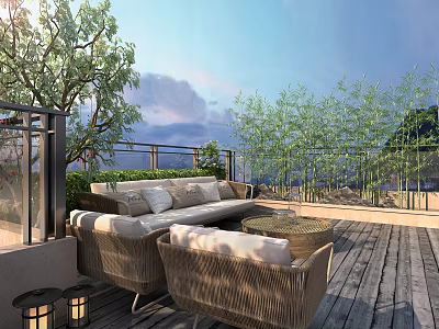 Rooftop Garden With Wicker Sofa Wooden Deck Lush Green Plants And Open Sky View 3d model