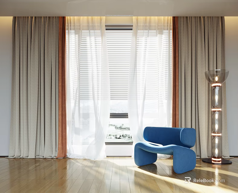 Beige Curtains Modern Interior with Window Blinds Blue Chair Floor Lamp and Natural Light 3d model 