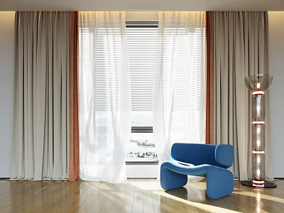 Beige Curtains Modern Interior with Window Blinds Blue Chair Floor Lamp and Natural Light 3d model