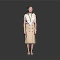 Standing Woman in Sleeveless Top Beige Double Breasted Skirt with Lanyard Badge Against Gray Background