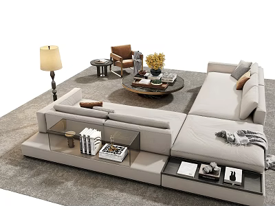 Modern Light L Sectional Sofa and Round Coffee Table Set with Floor Lamp and Decor 3d model