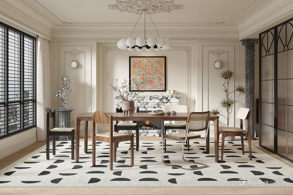 Modern Restaurant Interior With Chandelier Dining Table Chairs And Patterned Rug 3d model