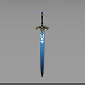 Fantasy Style Decorative Sword With Blue Blade Golden Hilt And Blue Gemstone