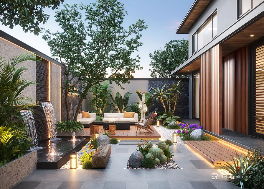Modern Garden Design With Waterfall Feature Seating Area Lush Plants And Outdoor Lighting 3d model 