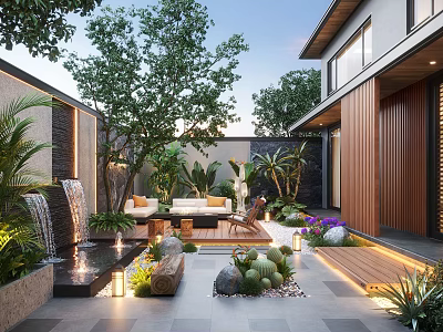 Modern Garden Design With Waterfall Feature Seating Area Lush Plants And Outdoor Lighting 3d model