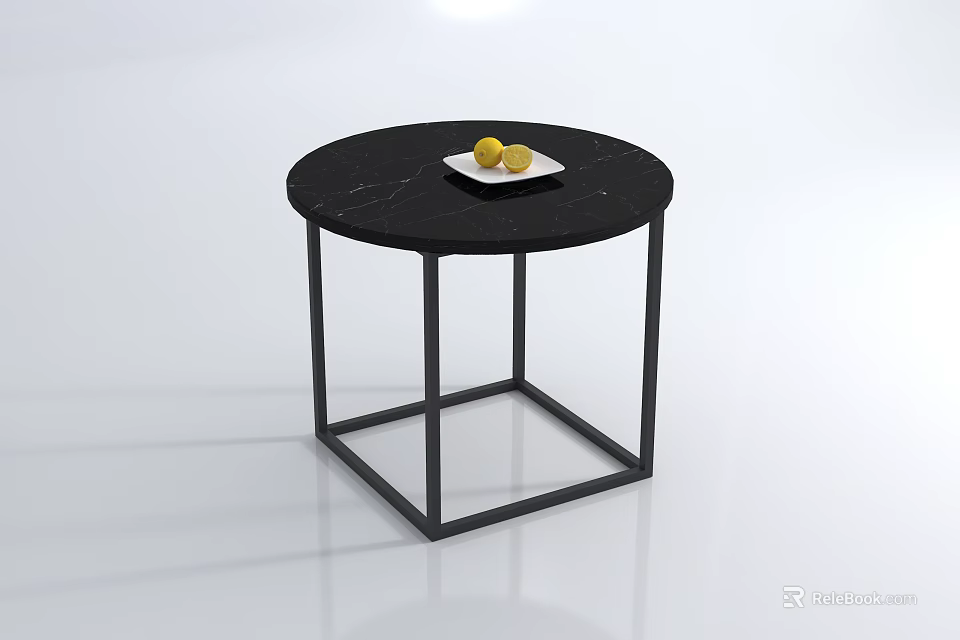 Round Black Marble Top Metal Frame Coffee Table With Lemons On White Plate 3d model