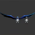 Two Mythical Creatures With Blue Wings And Silver Bodies Standing On Reflective Surface