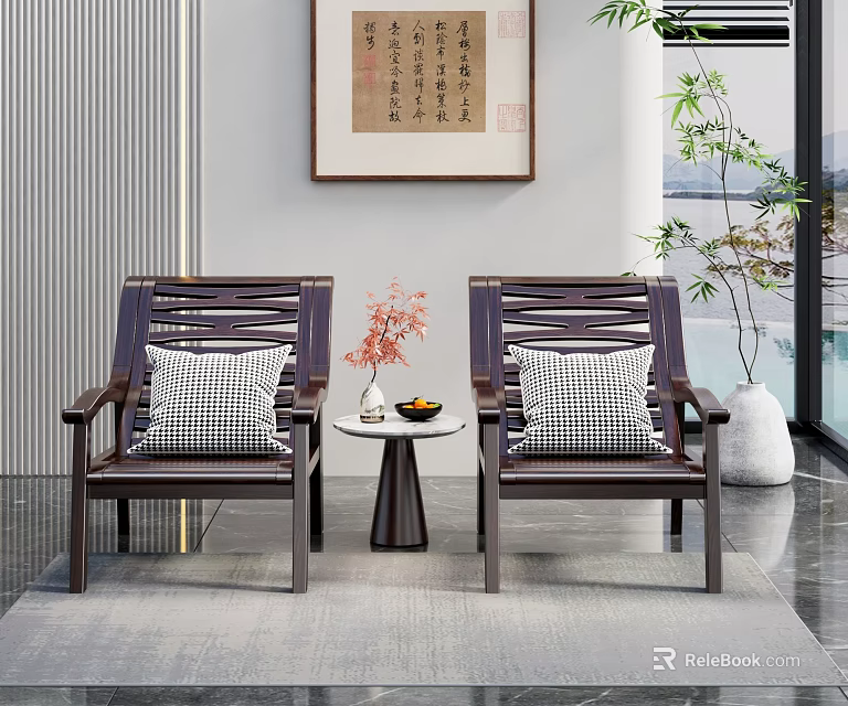 Modern Chinese Wooden Lounge Chairs With Checkered Cushions Side Table And Potted Plant 3d model 