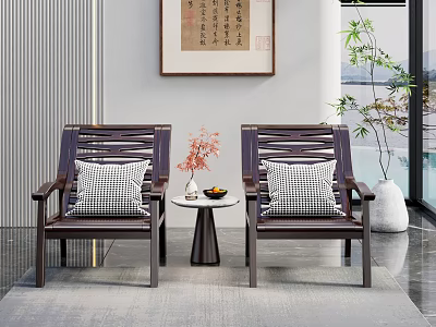 Modern Chinese Wooden Lounge Chairs With Checkered Cushions Side Table And Potted Plant 3d model