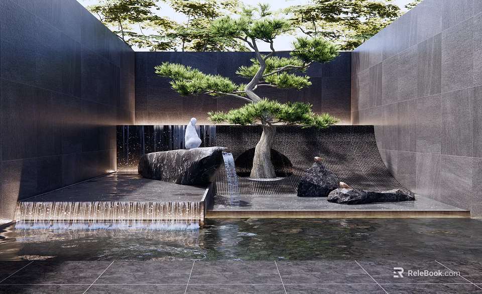 Elegant Garden Ornament with Central Pine Tree White Sculpture Black Stone Walls Waterfall and Pond 3d model 