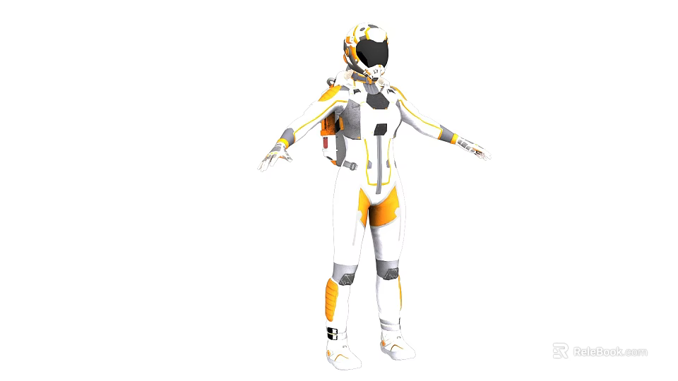 Woman Wearing White And Orange Futuristic Spacesuit With Helmet And Backpack 3d model 