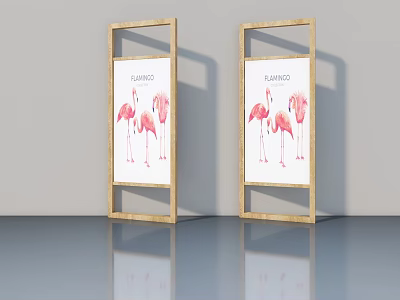 Elegant Hinged Doors With Golden Frame Flamingo Print Gray Wall And Reflective Floor 3d model