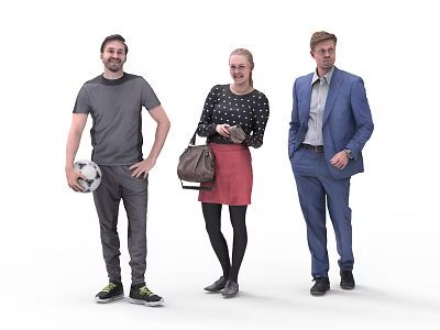 Three People Standing Together with Soccer Ball Carrying Brown Handbag and in Blue Suit 3d model
