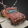 Rusty Old Tow Truck With American Flags On Dirt Ground And Grass