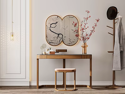 Elegant Dressing Table With Decorative Mirror Red Flower Vase Small Decorations And Wooden Stool 3d model