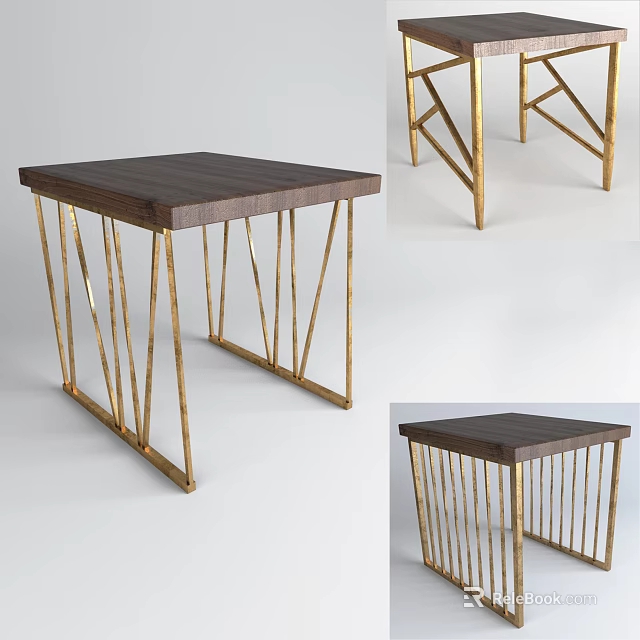 Modern Stool With Dark Wooden Top And Gold Geometric Metal Legs 3d model 
