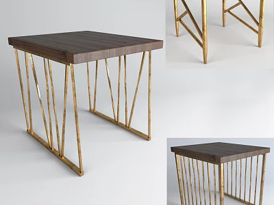 Modern Stool With Dark Wooden Top And Gold Geometric Metal Legs 3d model