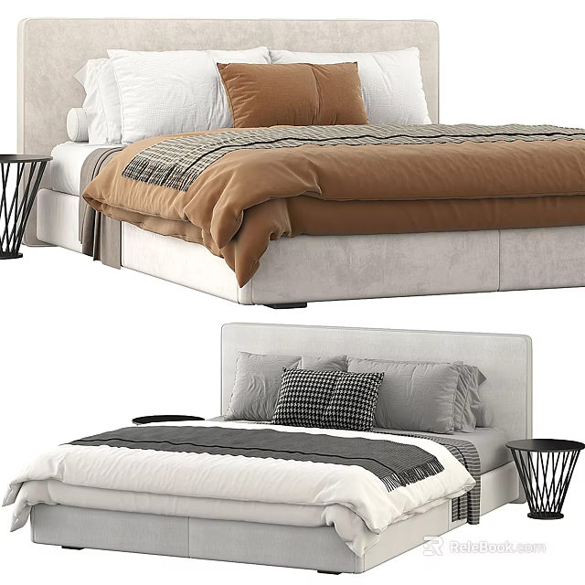 Double Bed With White Gray Headboard Brown Comforter And Black Side Tables 3d model