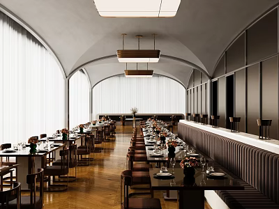 Spacious Restaurant Interior With Long Dining Tables Wooden Flooring Arched Ceiling And Pendant Lights 3d model