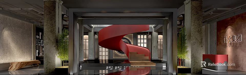 Luxurious Modern Reception Area With Red Spiral Staircase Marble Floors Columns And Circular Windows 3d model 