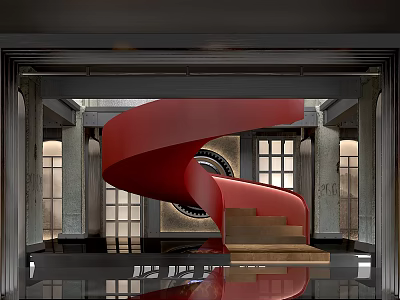 Luxurious Modern Reception Area With Red Spiral Staircase Marble Floors Columns And Circular Windows 3d model