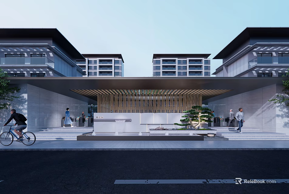 Modern Entrance Gate With Wooden Structure And Symmetric Architecture Design Elements 3d model