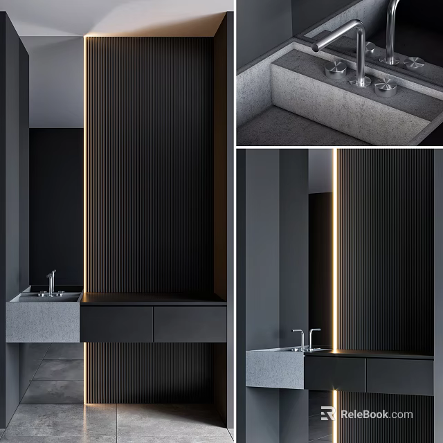Modern Bathroom Vanity With Black Panel LED Strip Lighting And Concrete Countertop 3d model 