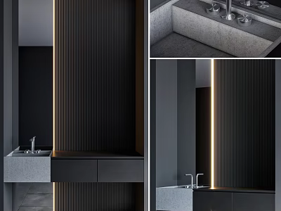 Modern Bathroom Vanity With Black Panel LED Strip Lighting And Concrete Countertop 3d model