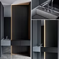 Modern Bathroom Vanity With Black Panel LED Strip Lighting And Concrete Countertop