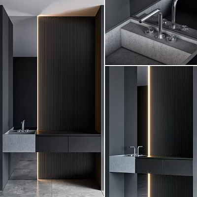 Modern Bathroom Vanity With Black Panel LED Strip Lighting And Concrete Countertop 3d model
