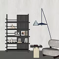 Modern Dark Wood Bookcase With Layered Shelves Accent Chair And Floor Lamp