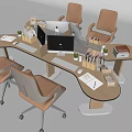 Modern Office Desk with Curved Design Ergonomic Brown Chairs Office Supplies Potted Plants Computer Monitors