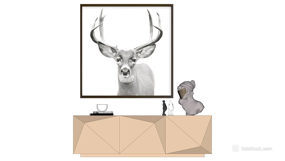 Deer Head Animal Painting on Wall with Console Table and Koala Figurine 3d model 