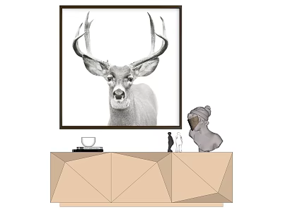 Deer Head Animal Painting on Wall with Console Table and Koala Figurine 3d model