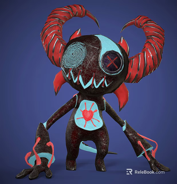 3D Character Creature Design With Black Body Red Horns Blue Eyes And Heart Symbol 3d model 