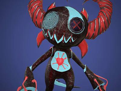 3D Character Creature Design With Black Body Red Horns Blue Eyes And Heart Symbol 3d model